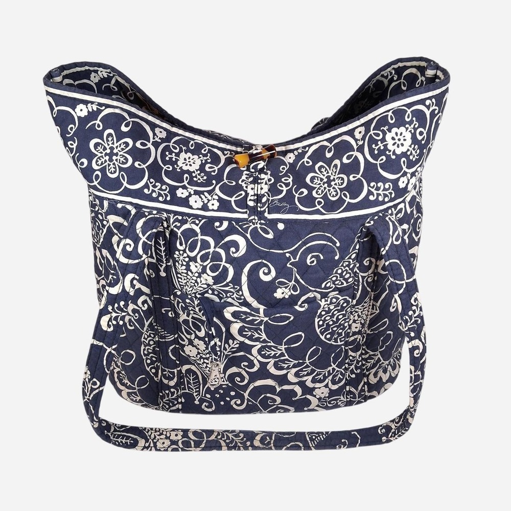 Vera Bradley Navy Blue Cream Floral Quilted Hobo Shoulder Bag Purse